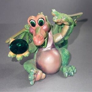 Franklin Mint Playful Green Mood Dragon Lucky with Emerald Gem